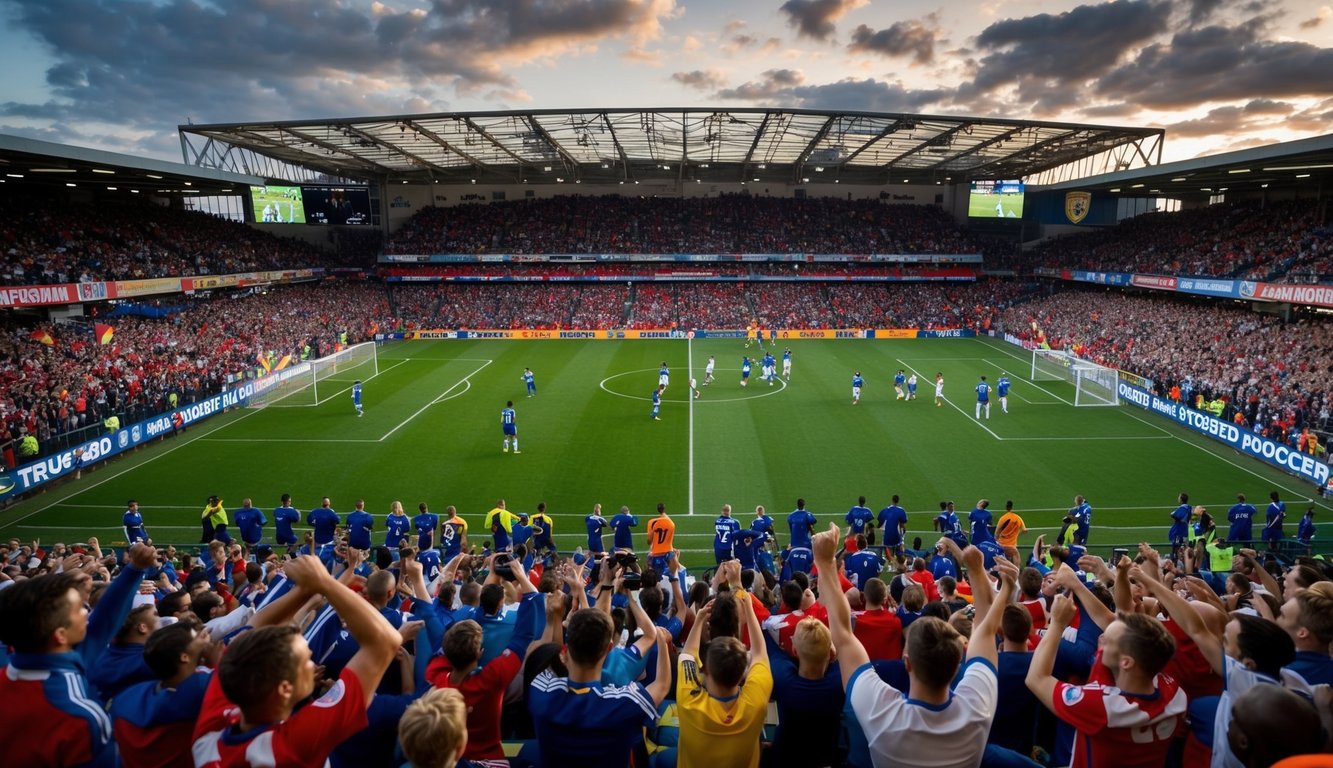 Sebuah stadion yang ramai dengan penggemar yang bersorak dan pemain di lapangan, dikelilingi oleh spanduk dan bendera untuk tim sepak bola yang terpercaya.