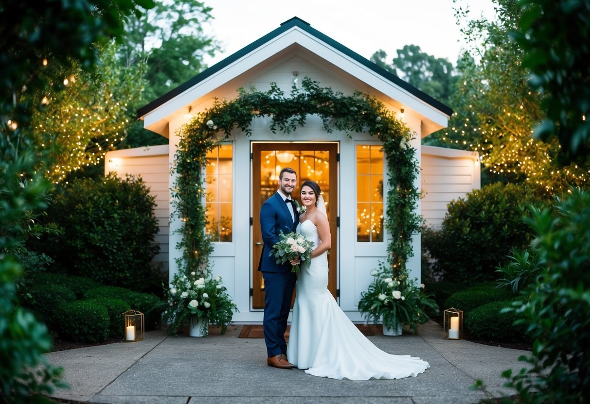 A couple standing in front of a small, intimate wedding venue, surrounded by lush greenery and twinkling lights