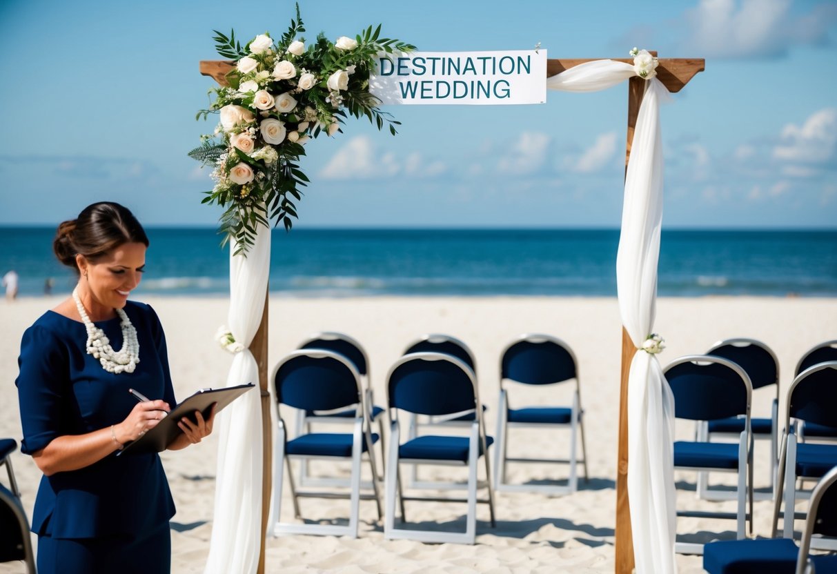 A beach setting with a wedding arch, chairs, and a sign indicating "Destination Wedding." A planner with a clipboard and pen is taking notes