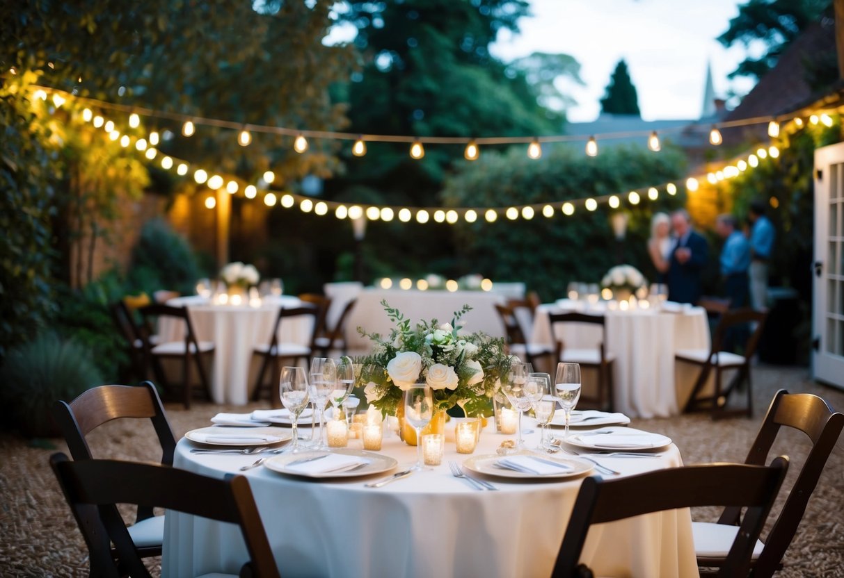 A small wedding reception in a cozy garden, with twinkling lights, a simple but elegant table setting, and a joyful atmosphere