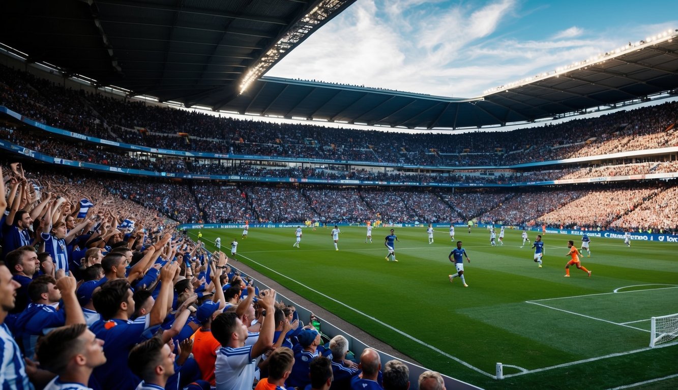 Sebuah stadion yang penuh sesak dengan penggemar yang bersorak dan lapangan sepak bola dengan pemain yang sedang bertanding