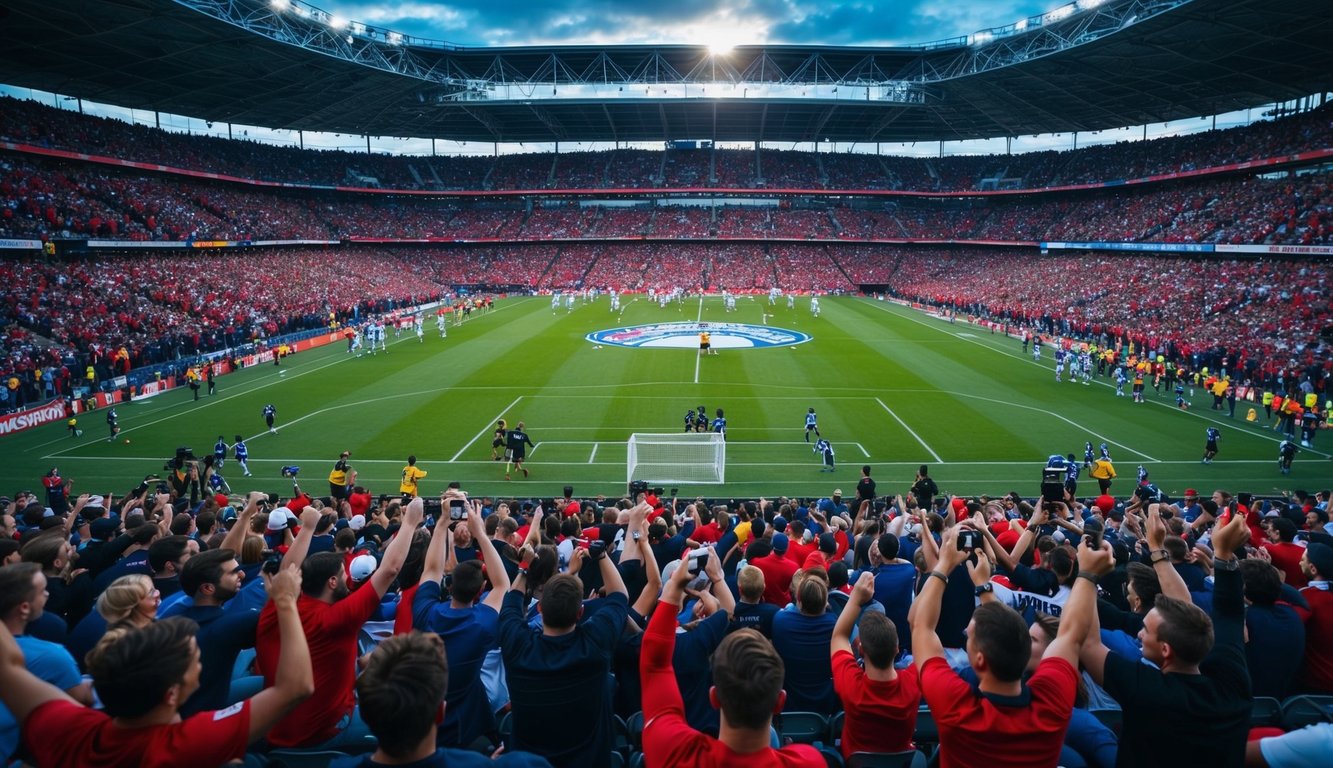 Sebuah stadion yang ramai dengan penggemar yang bersorak dan pemain di lapangan