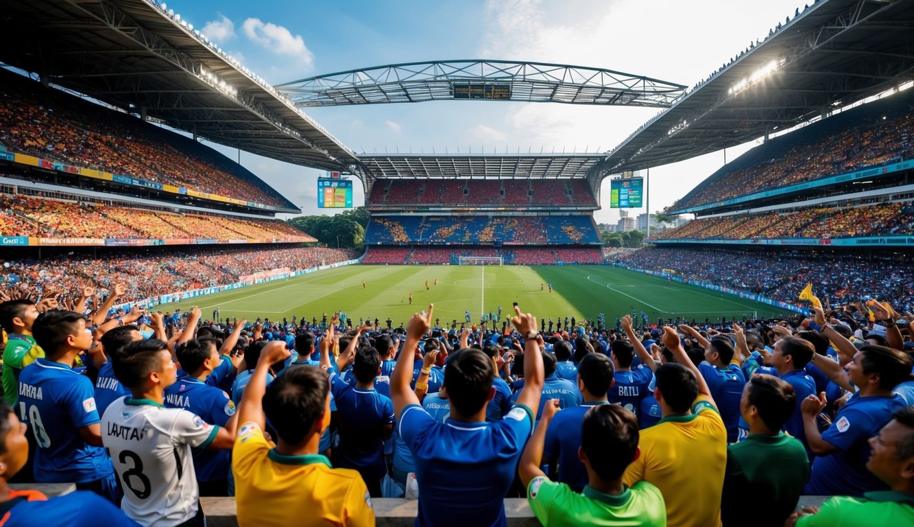 Sebuah stadion sepak bola yang ramai di Indonesia, dipenuhi dengan penggemar yang bersorak dan spanduk tim berwarna-warni