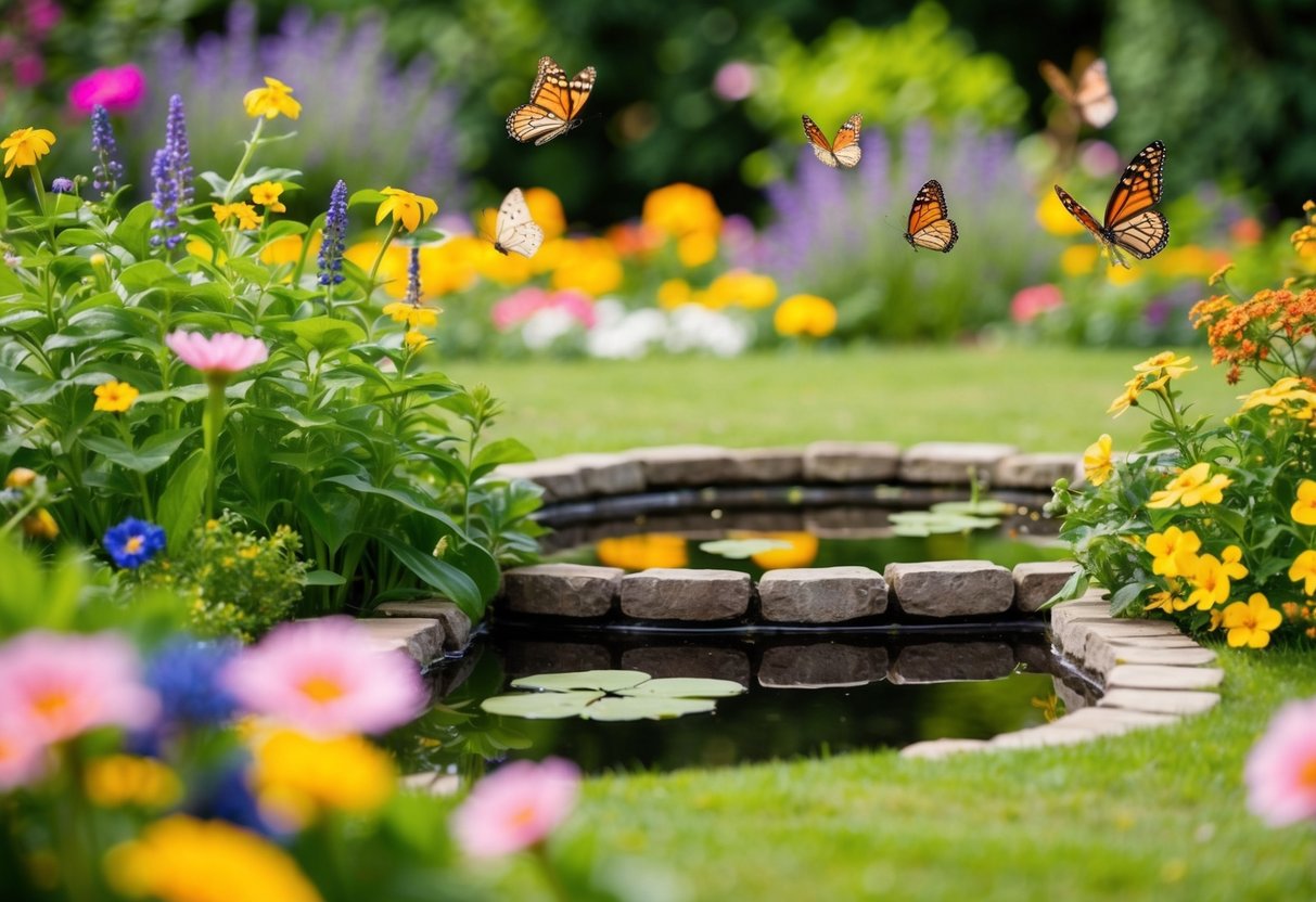 A serene garden with a peaceful pond, surrounded by colorful flowers and fluttering butterflies