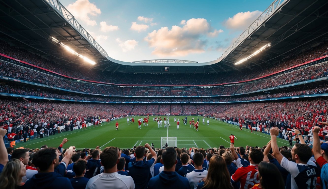 Sebuah stadion yang ramai dengan penggemar yang bersorak dan pemain di lapangan