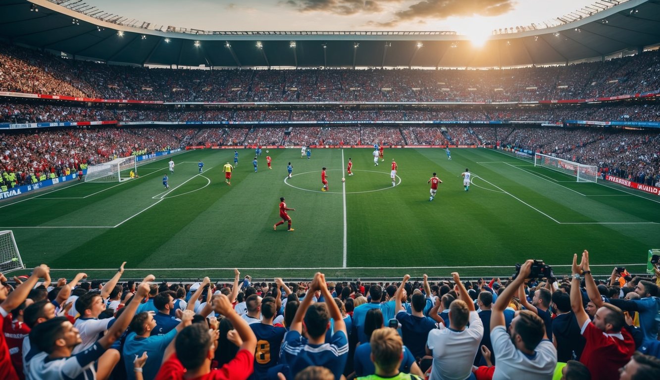 Sebuah stadion sepak bola yang ramai dengan penggemar yang bersorak dan pemain di lapangan