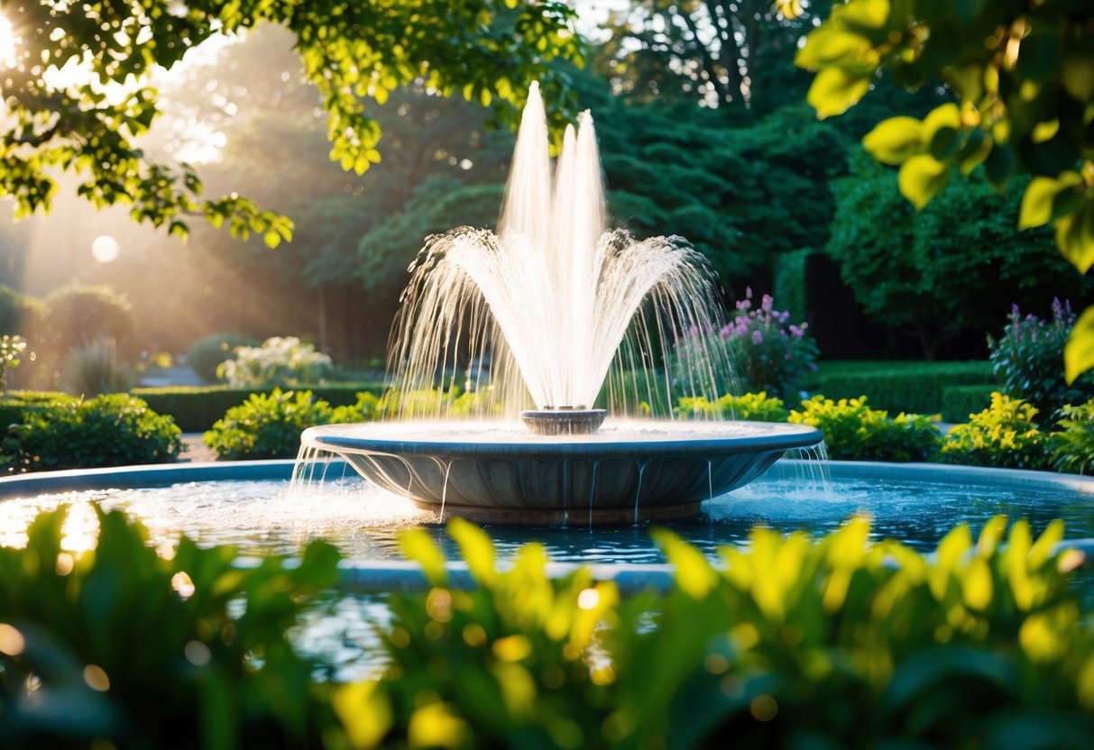 A serene garden with a bubbling fountain surrounded by lush greenery, soft sunlight filtering through the trees, and a tranquil atmosphere of calm and peace