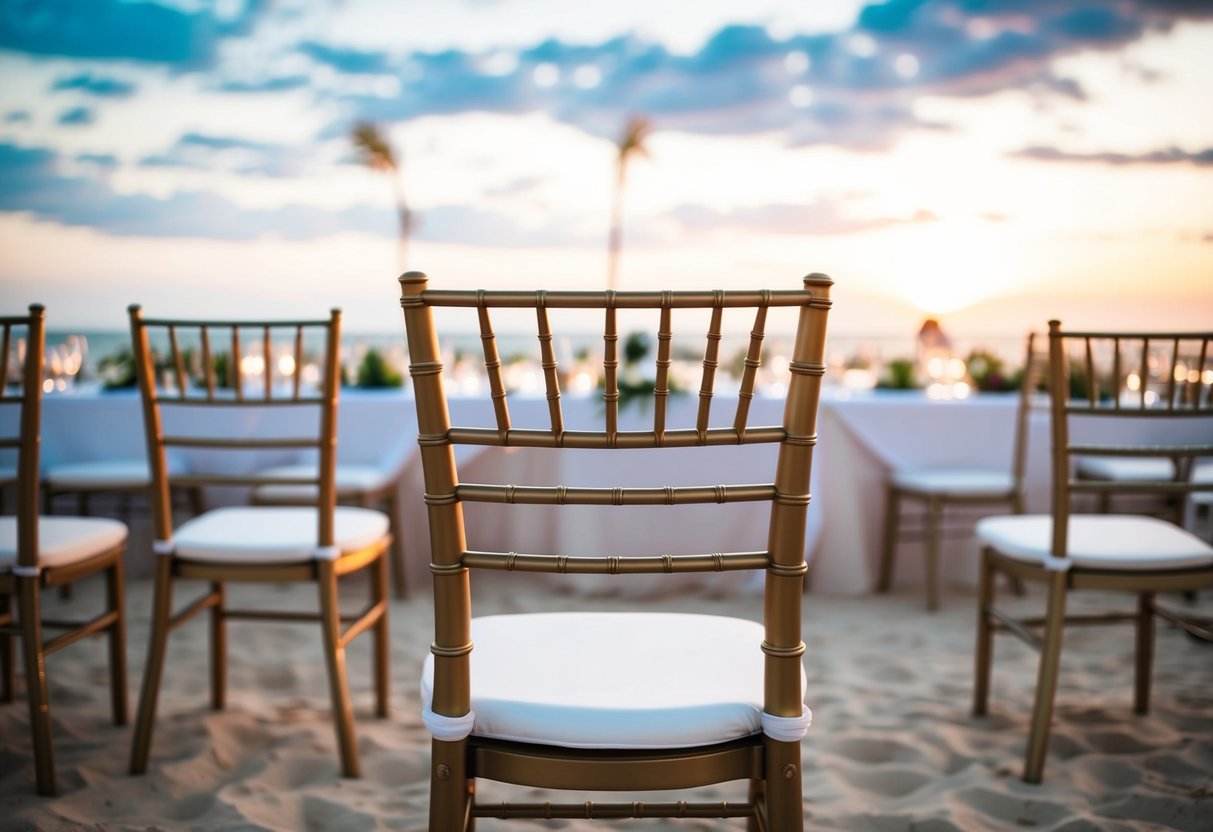 Empty chairs at a beachfront wedding reception