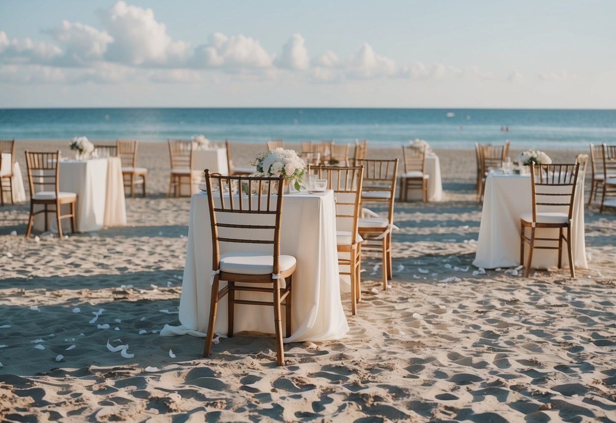 A deserted beach wedding venue with empty chairs and scattered petals