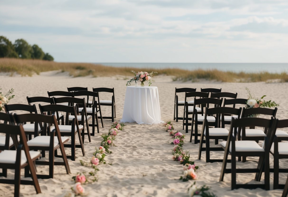 A deserted beach wedding setup with empty chairs and scattered flowers