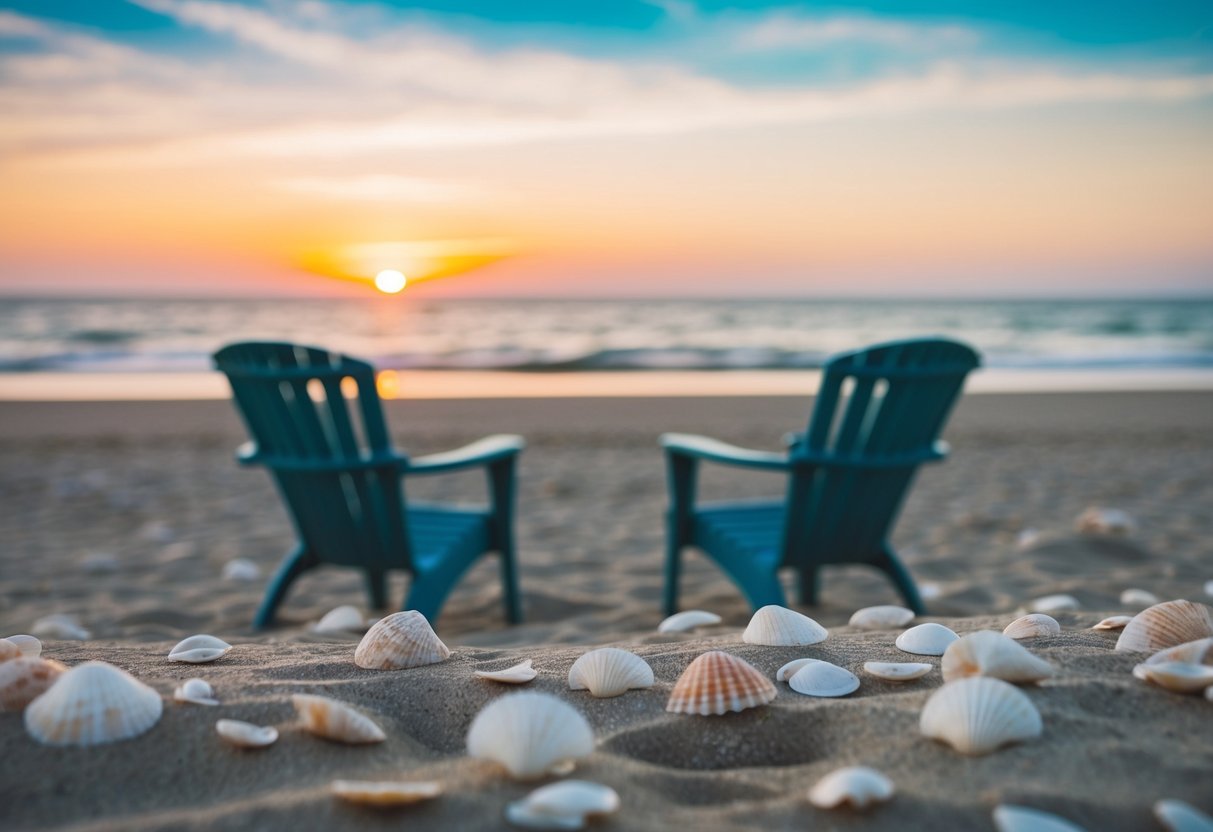 A beach with empty chairs and scattered seashells, overlooking a sunset on the horizon