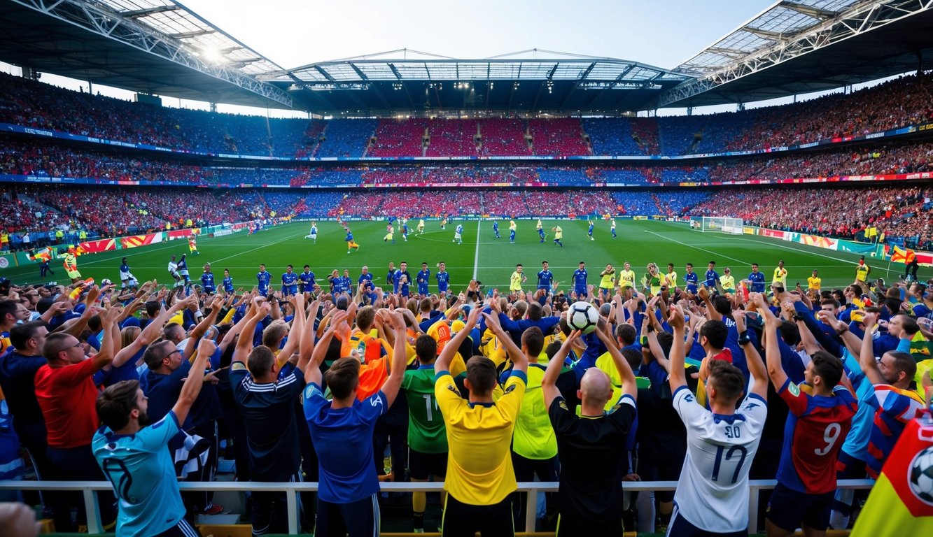 Sebuah stadion yang penuh sesak dengan penggemar yang bersorak, spanduk berwarna-warni, dan suasana yang meriah, saat para pemain berkompetisi di lapangan dalam pertandingan sepak bola yang penuh tekanan.