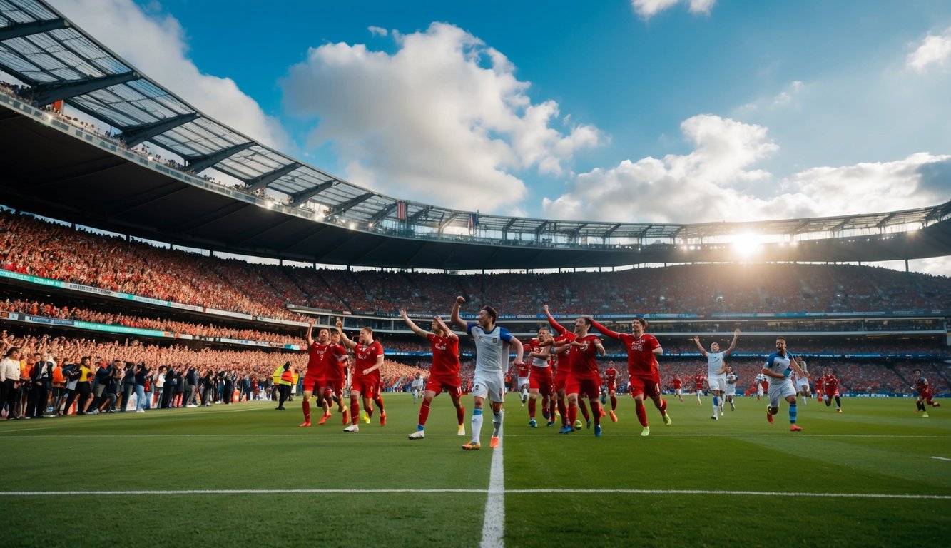 Sebuah stadion yang ramai dengan para penggemar yang bersorak dan pemain di lapangan