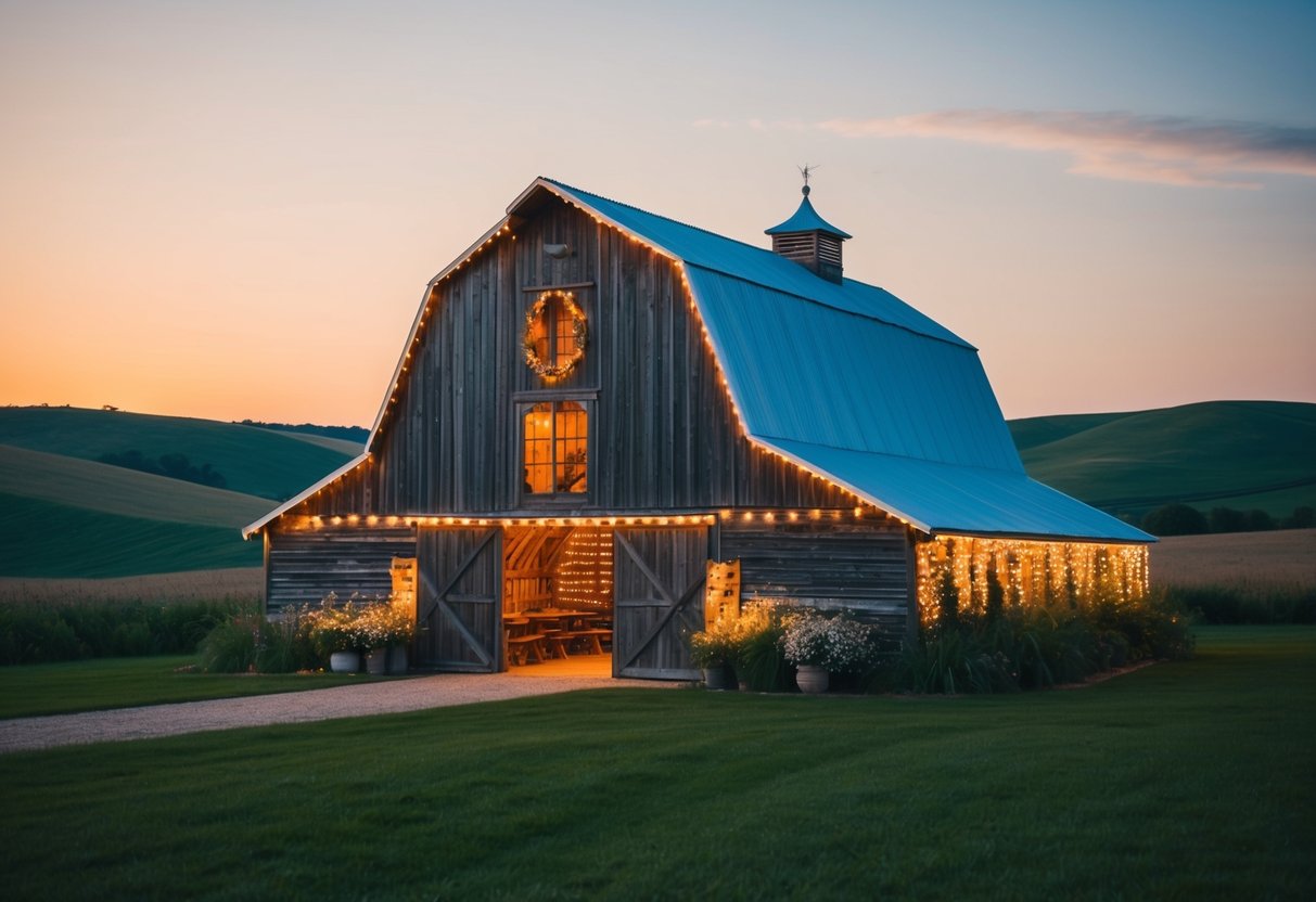 A rustic barn adorned with fairy lights and wildflowers, set against rolling hills and a setting sun