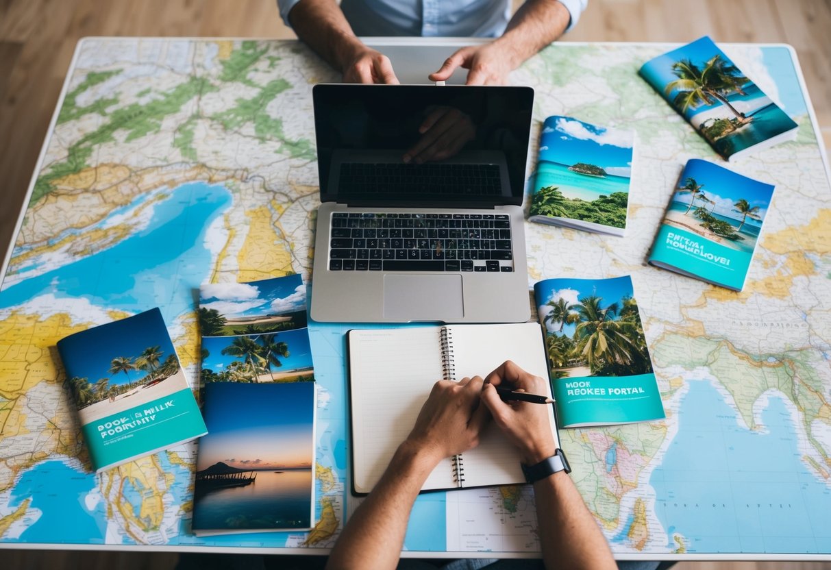 A table covered in maps, brochures, and a laptop. A stressed figure sits with a pen and notebook, surrounded by images of tropical destinations