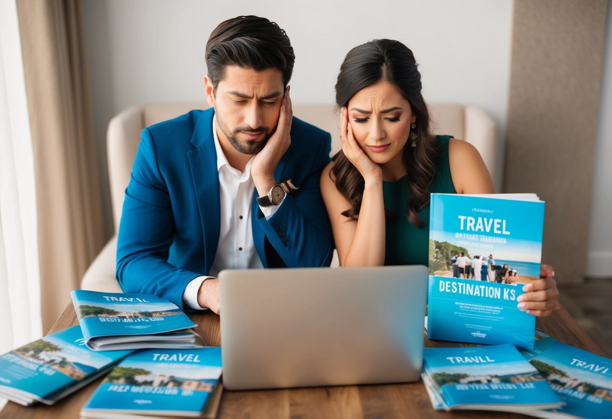 A couple sits surrounded by travel brochures and a laptop, looking stressed as they try to plan their destination wedding