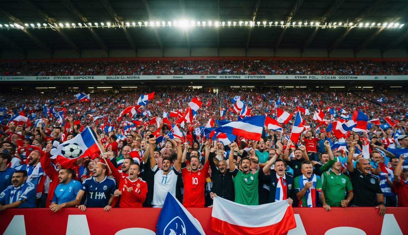 Sebuah stadion sepak bola yang ramai dengan para penggemar bersorak dan melambaikan bendera