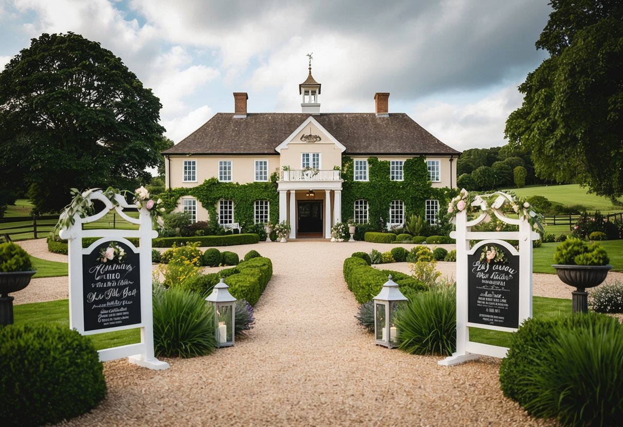 A picturesque countryside wedding venue with a grand entrance and lush greenery, adorned with charming signage and decorative elements