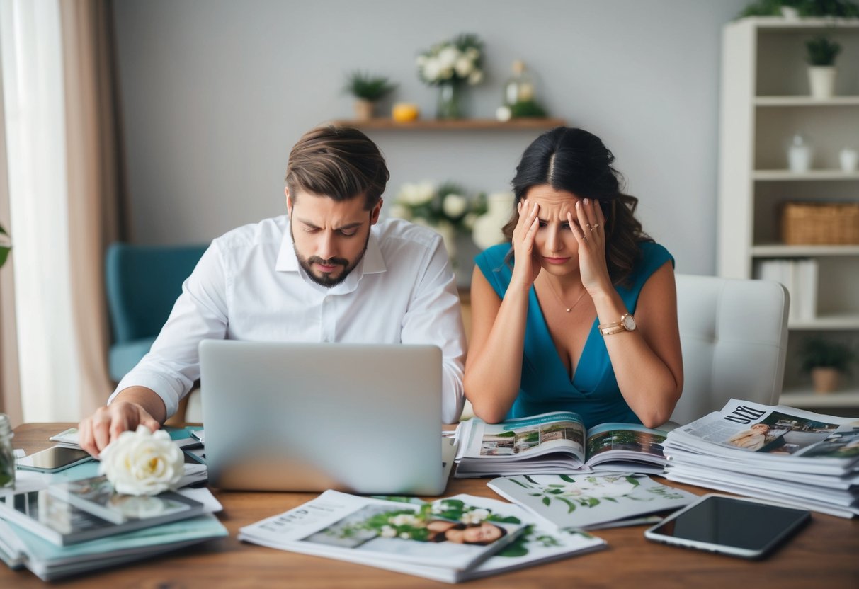 A couple sits at a cluttered desk, surrounded by wedding magazines and a laptop. They look stressed as they try to plan their destination wedding