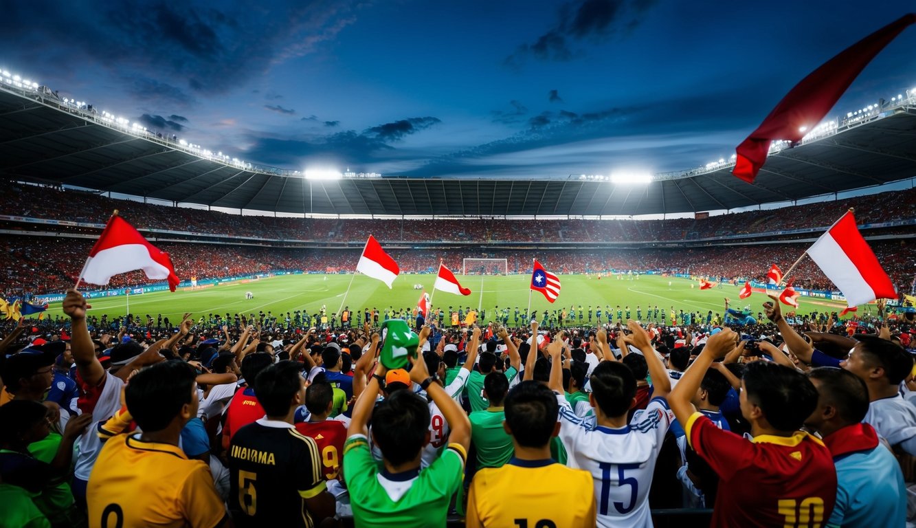 Sebuah stadion sepak bola yang ramai di Indonesia dengan para penggemar bersorak dan melambaikan bendera