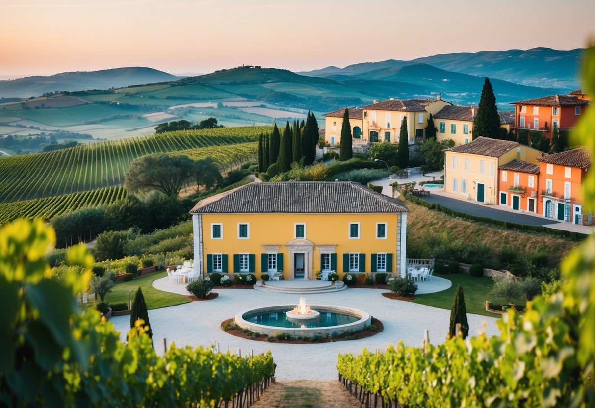 A scenic countryside wedding venue in Italy with rolling hills and vineyards in the background, or a charming coastal location in Portugal with colorful buildings and a sandy beach