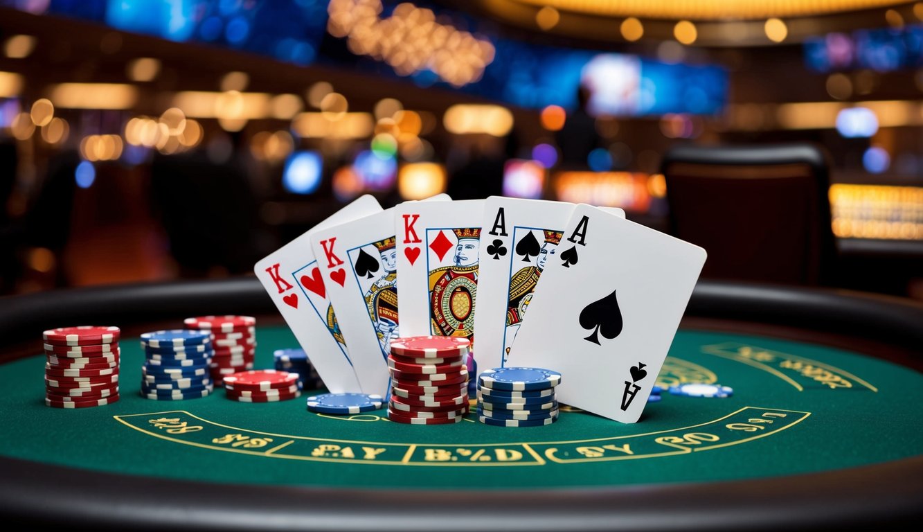 Sebuah meja blackjack digital dengan kartu dan chip, dikelilingi oleh latar belakang kasino virtual