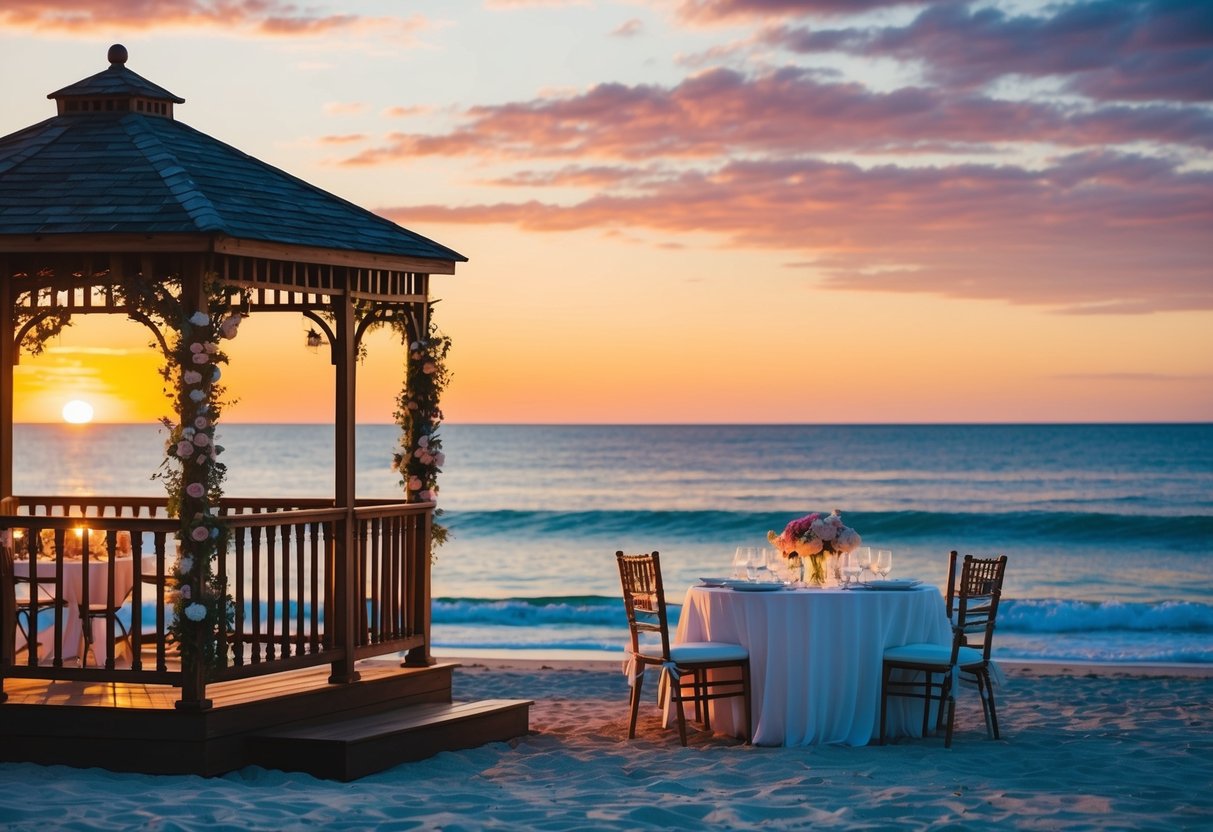 A beach with a colorful sunset, a gazebo adorned with flowers, and a table set for a romantic dinner by the ocean