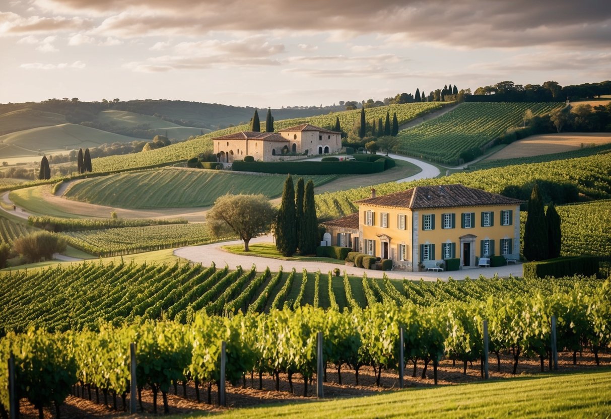 A picturesque countryside with rolling hills and vineyards, showcasing a rustic Italian villa and a charming Portuguese manor as potential wedding venues