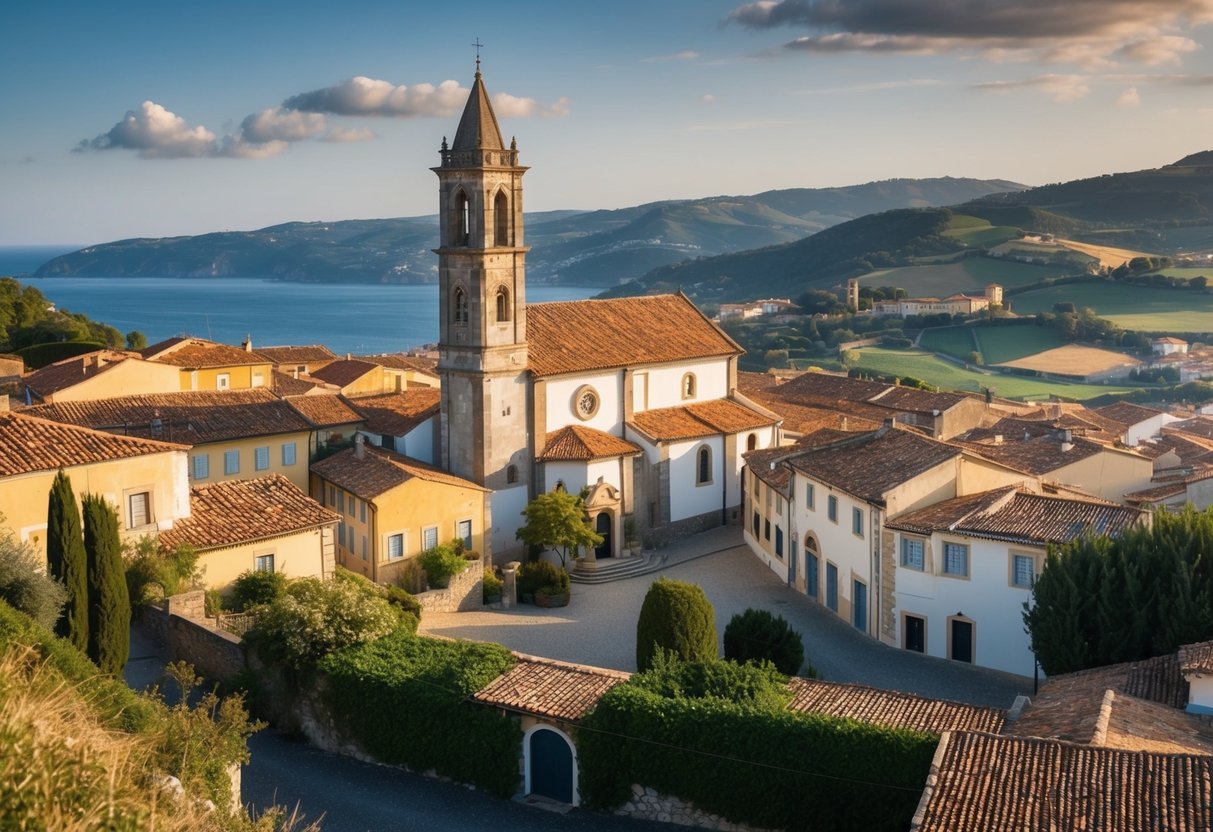 A picturesque Italian or Portuguese village with a charming church and scenic backdrop, suitable for a wedding ceremony illustration