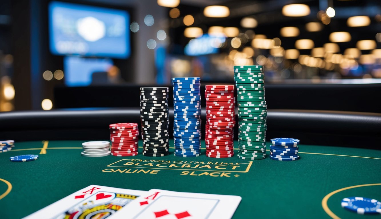 Sebuah meja blackjack online yang hidup dengan kartu dan chip, diletakkan di latar belakang yang ramping dan modern