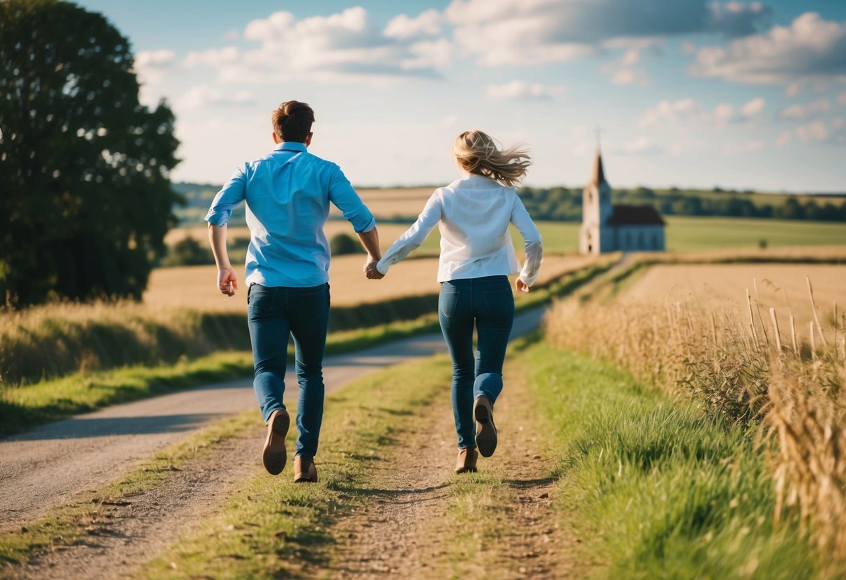 A couple running away together through a countryside landscape, with a small church in the distance