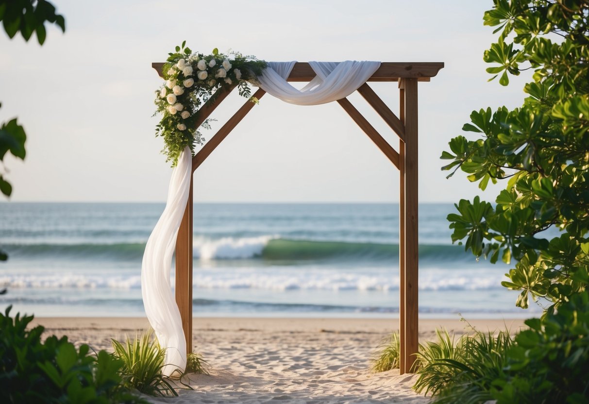 A serene beach with a simple wooden arch adorned with billowing white fabric, surrounded by lush greenery and the gentle sound of waves crashing in the background