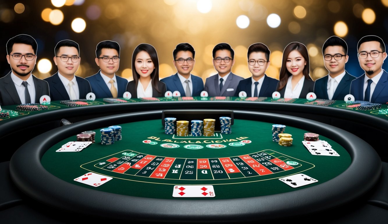 Meja blackjack digital dengan kartu dan chip, dikelilingi oleh avatar virtual pemain dari Indonesia