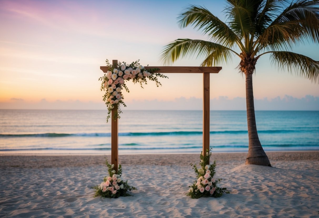 A beach at sunset with a simple wooden arch adorned with flowers, surrounded by palm trees and overlooking the ocean