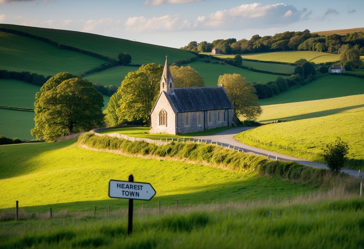 A quaint English countryside with a small stone church nestled among rolling green hills, a signpost pointing the way to the nearest town