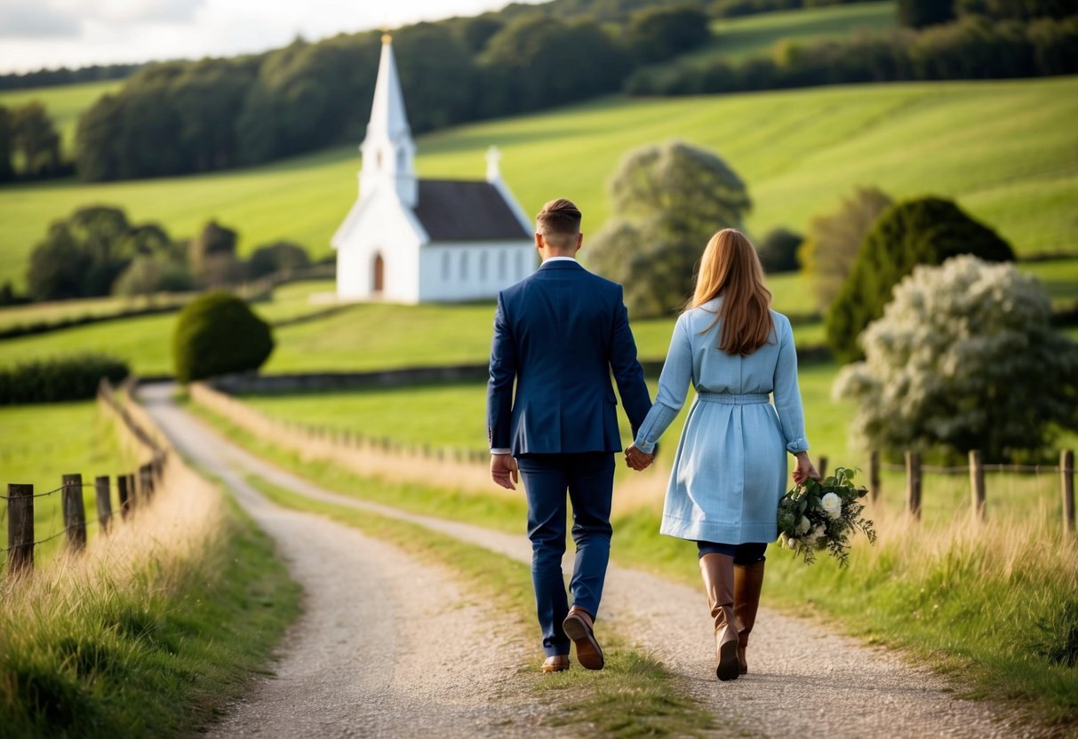 A couple walking hand in hand through a picturesque countryside, with a small chapel in the background