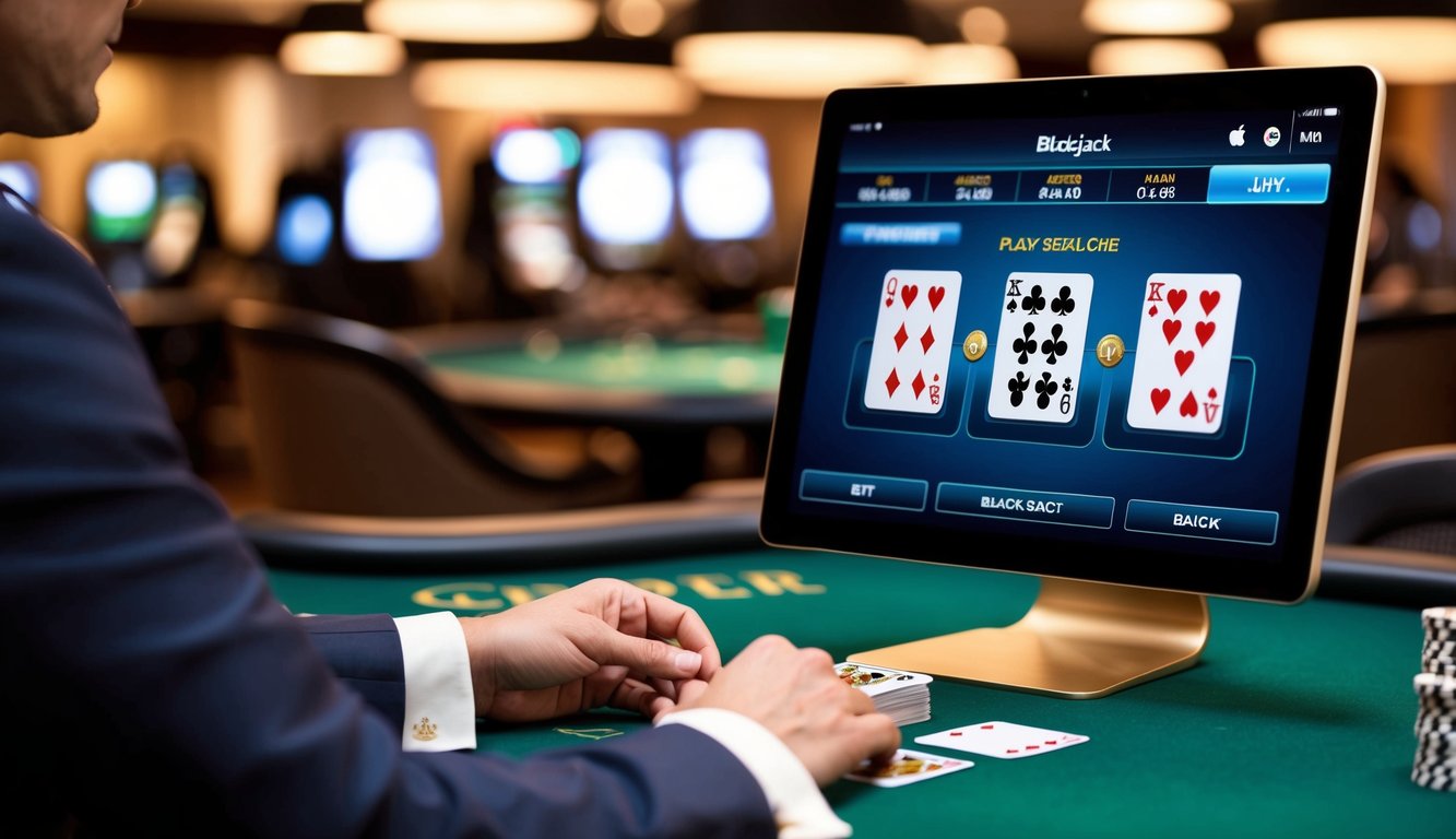 Seorang pemain dengan percaya diri memasang taruhan mereka dan menerima dua kartu dalam permainan blackjack online, dengan antarmuka digital yang menampilkan tangan dealer.