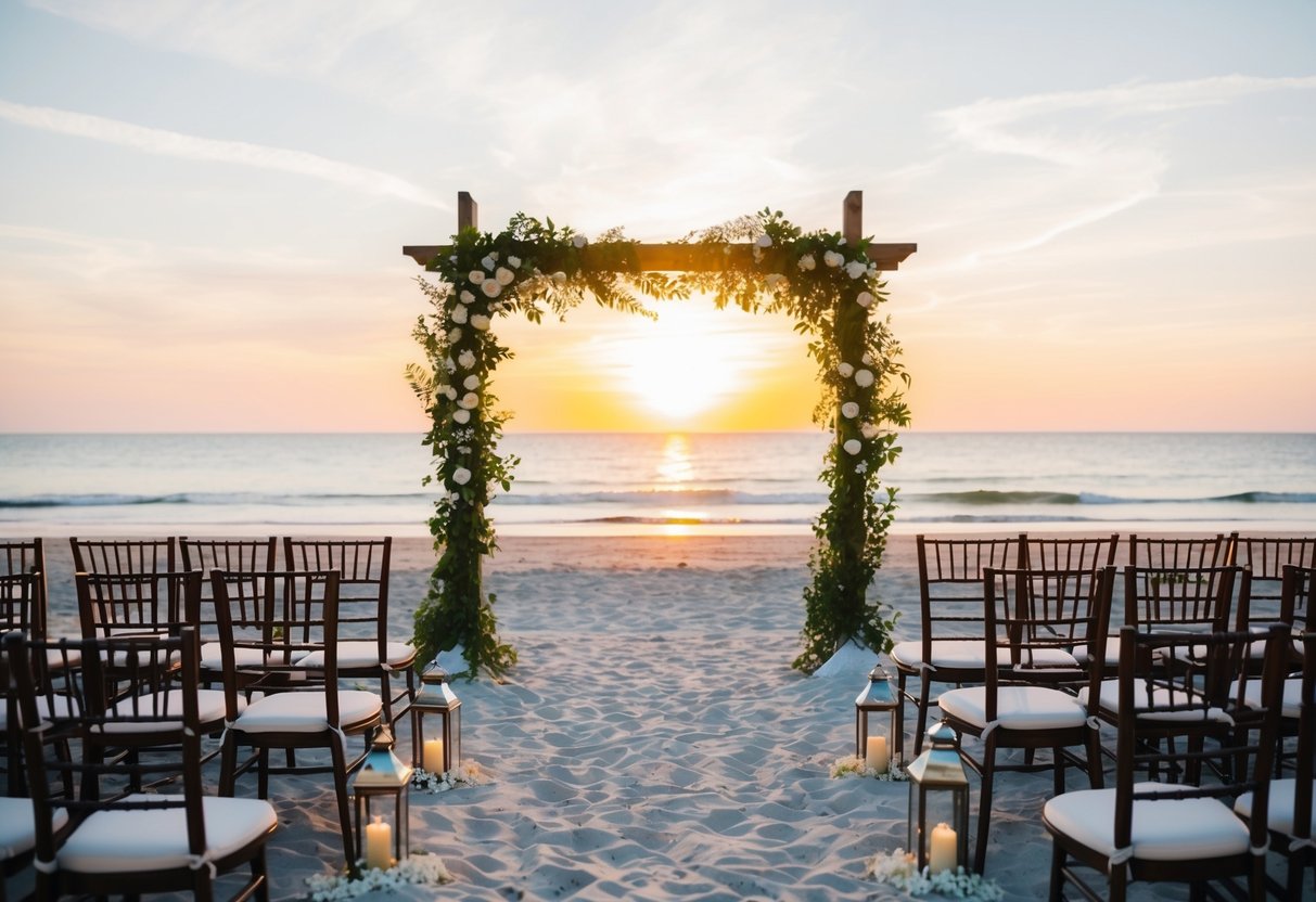 A beach wedding with a sunset backdrop, chairs arranged for guests, and a decorated archway