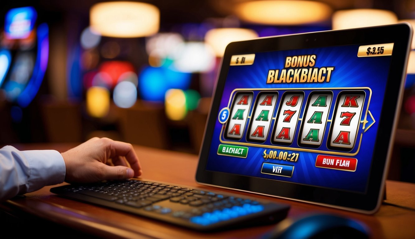 Sebuah layar digital menampilkan permainan blackjack bonus dengan warna-warna cerah dan grafik animasi