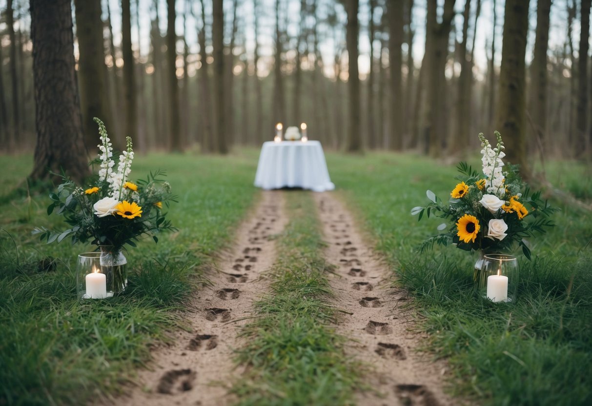 A quiet forest clearing with two sets of footprints leading towards a simple altar of wildflowers and a small table set for two