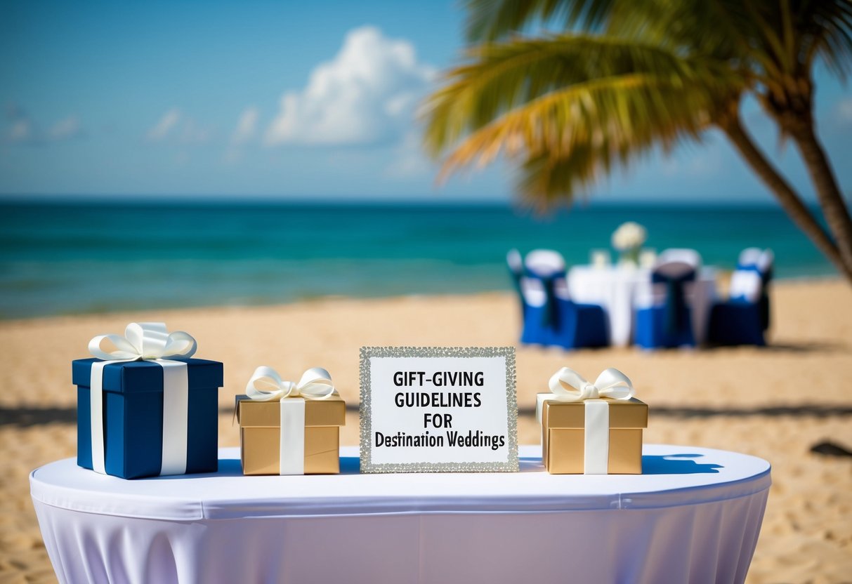 A beach wedding with a gift table and a sign indicating "Gift-Giving Guidelines for Destination Weddings."