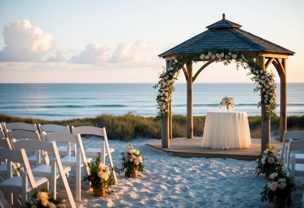 A scenic beach wedding with a gazebo, chairs, and an archway decorated with flowers, overlooking the ocean at sunset