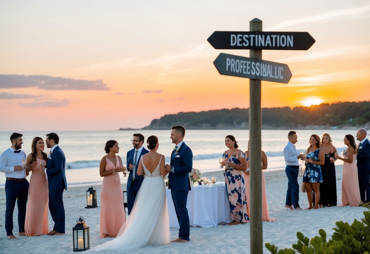 A scenic beach wedding with a sunset backdrop, guests mingling and enjoying cocktails, a destination signpost, and a serene atmosphere