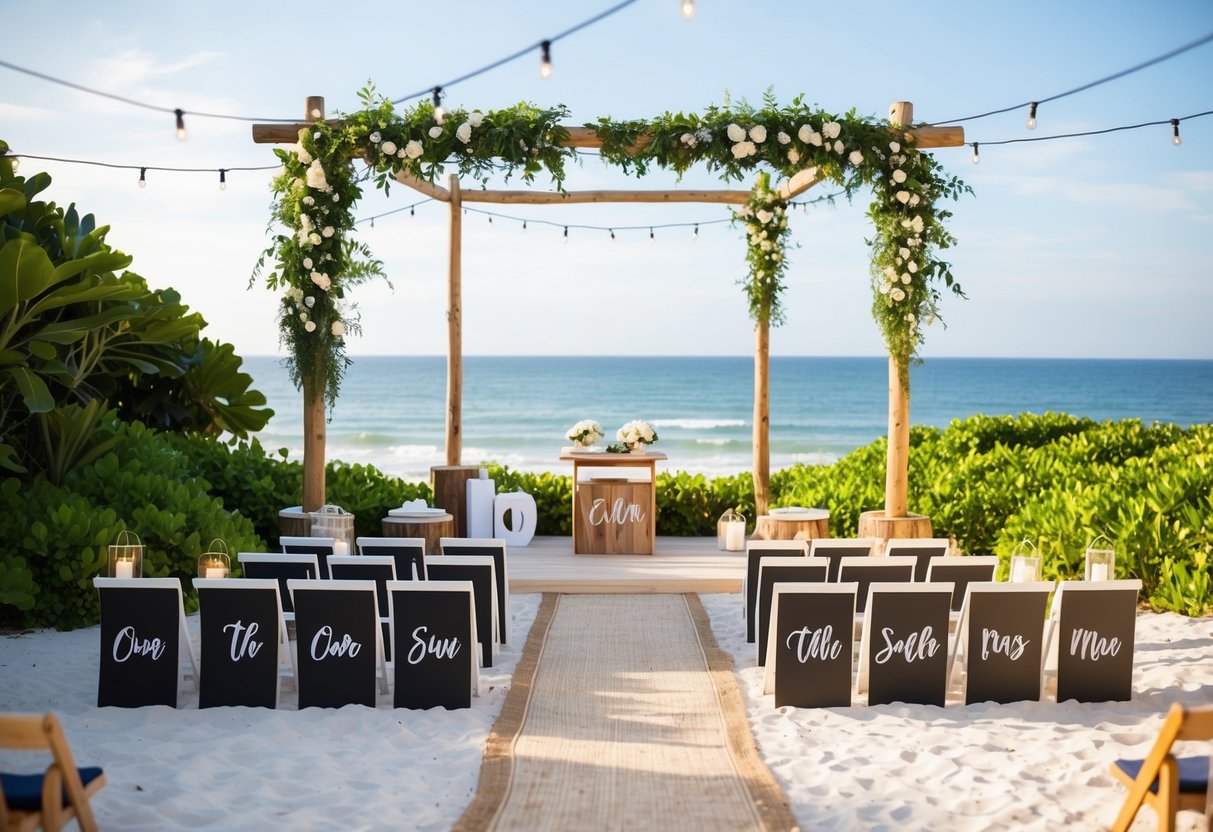 A beach setup with personalized decor, including customized signage, seating, and lighting, surrounded by lush greenery and overlooking the ocean