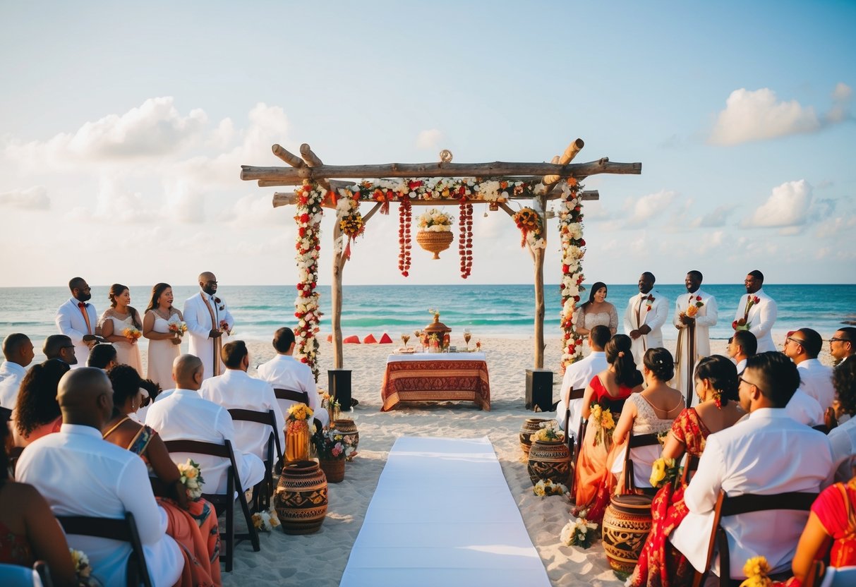 A beach wedding with local decorations, traditional music, and cuisine