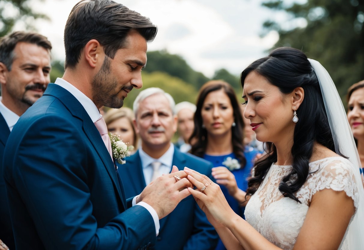 A man and a woman exchange rings in a ceremony, surrounded by friends and family, but their expressions reveal their true feelings of reluctance and discomfort