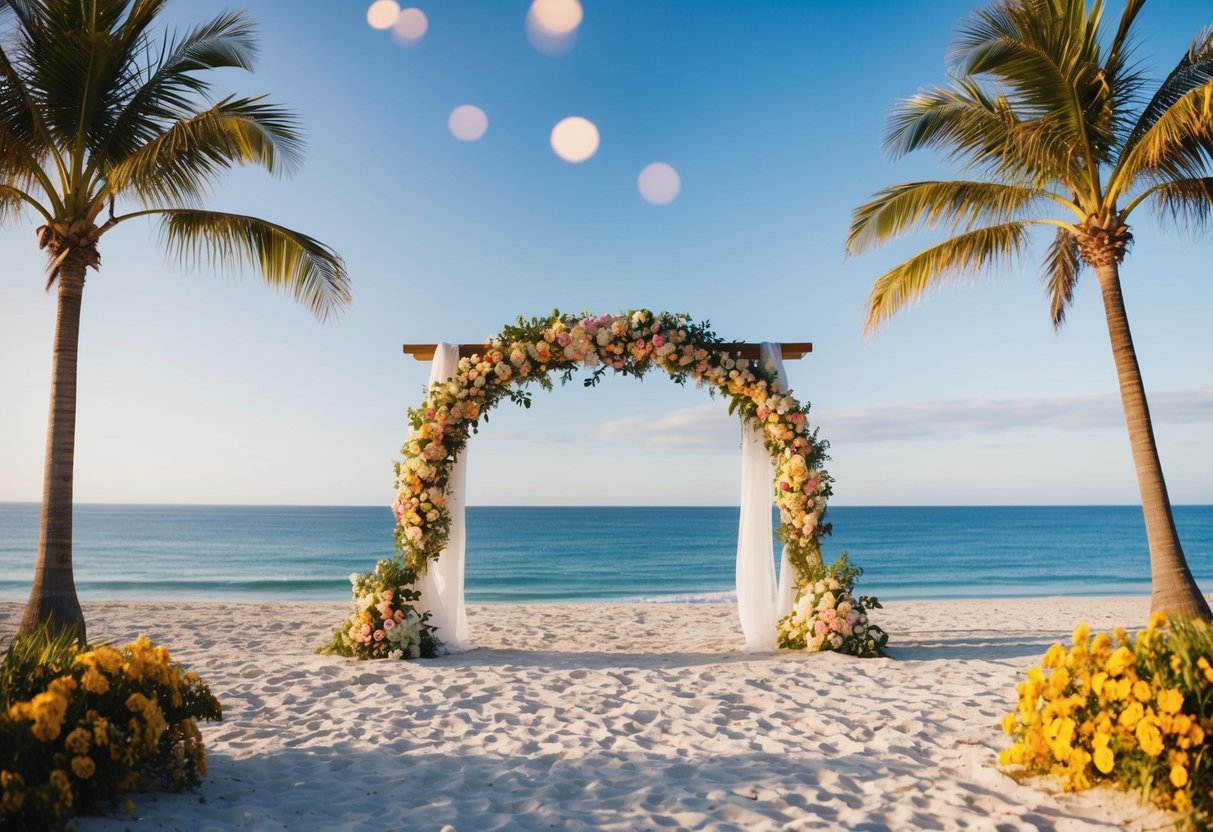 A beach with a wedding arch overlooking the ocean, surrounded by palm trees and colorful flowers