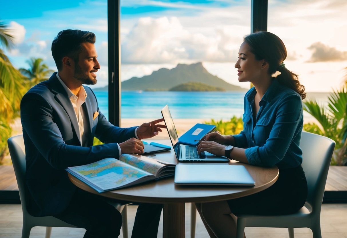 A couple sits at a table with a map, guidebooks, and laptop, discussing wedding plans. A tropical beach and mountains are visible through a window