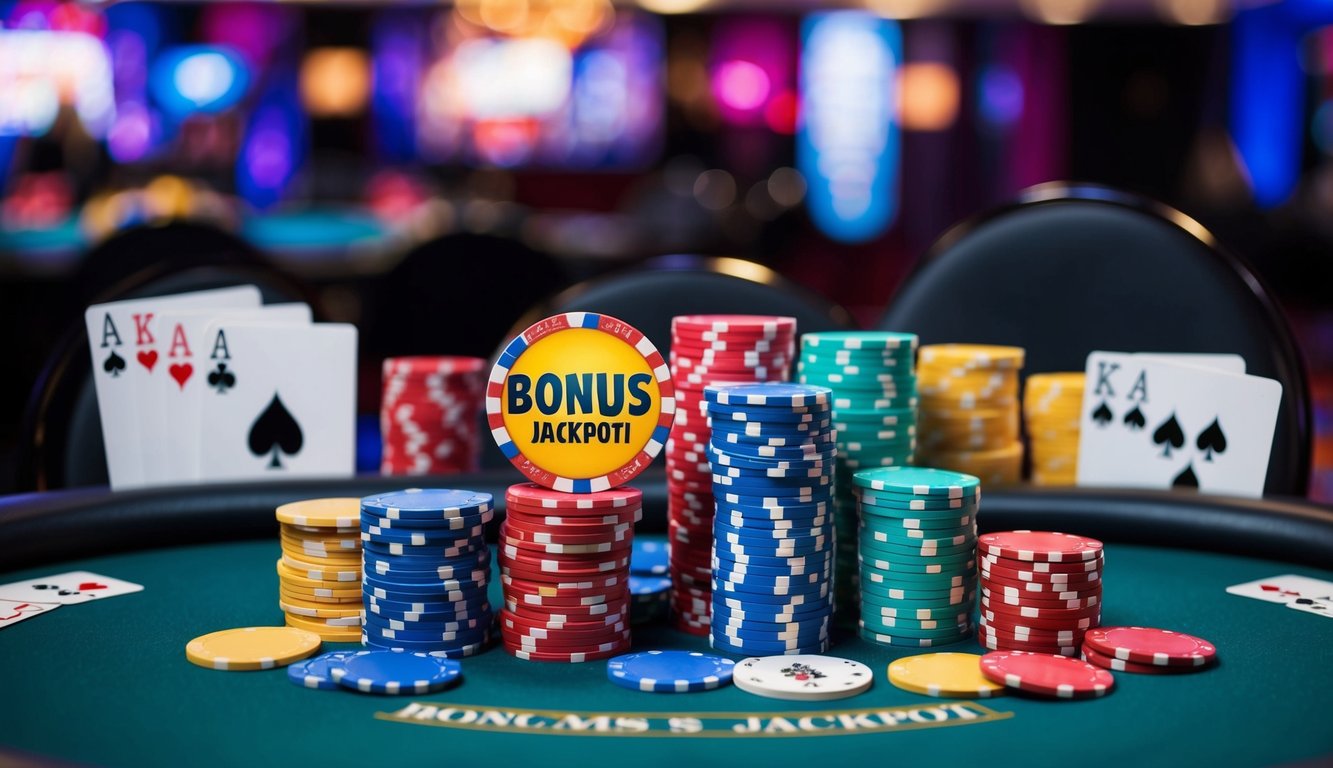 Sebuah meja poker online yang berwarna-warni dan cerah dengan chip, kartu, dan jackpot bonus yang ditampilkan secara mencolok