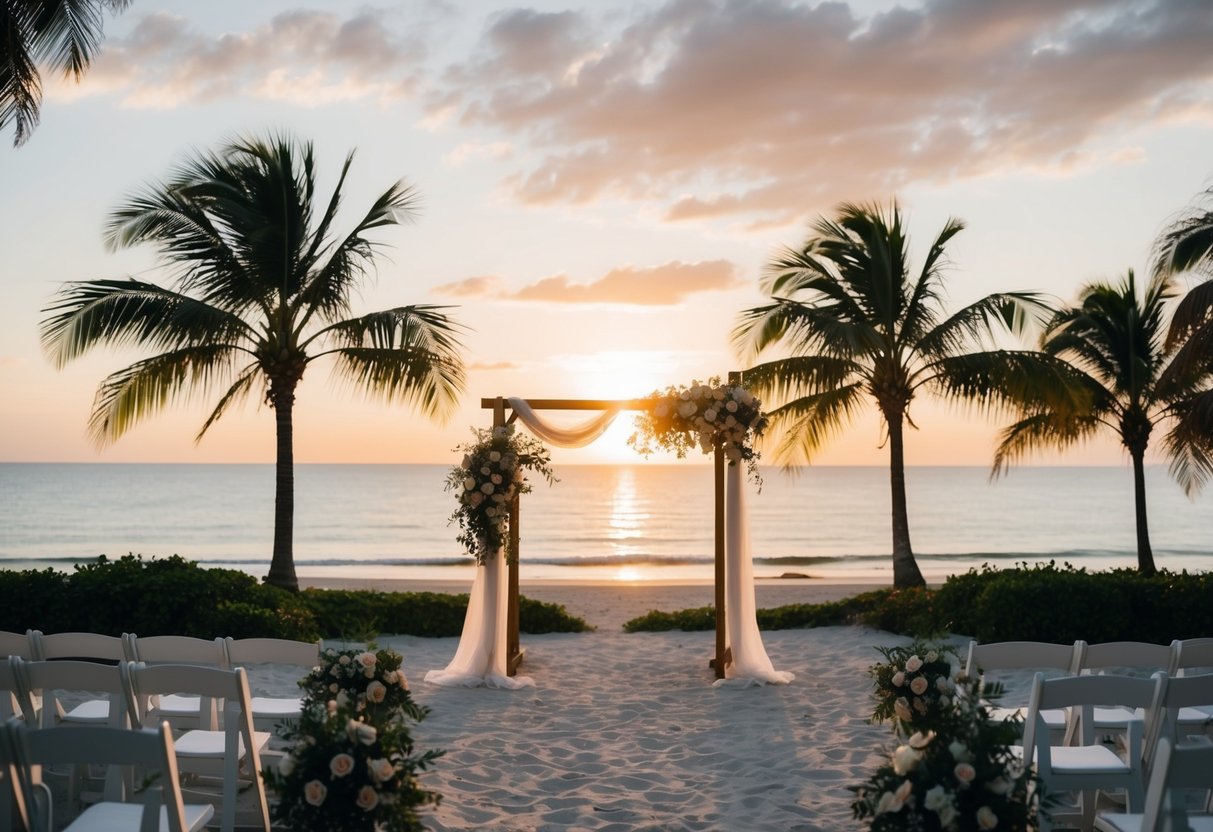 A tranquil beach setting with a picturesque sunset, palm trees, and a serene ocean view. A wedding arch adorned with flowers and draped fabric stands in the foreground